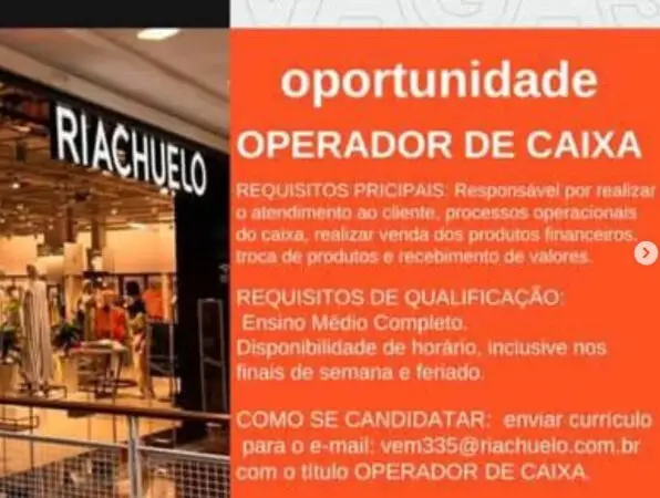 1 Vaga de emprego para Operador De Caixa na empresa Riachuelo em 06/09