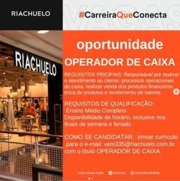 1 Vaga de emprego para Operador De Caixa na empresa Riachuelo em 06/09