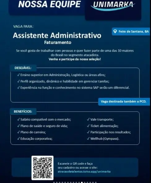 1 Vaga de emprego para Assistente Administrativo Faturamento sem experiência na empresa Unimarka em 06/09