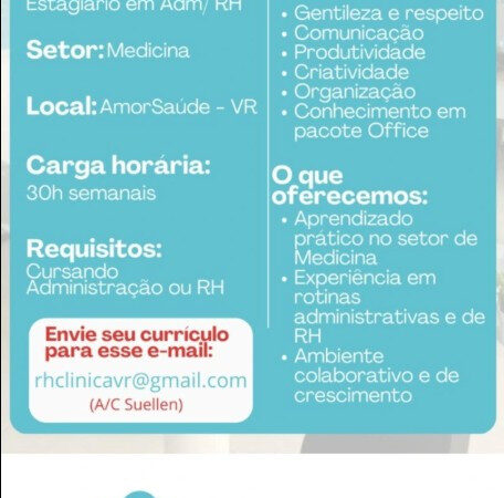 1 Vaga de emprego para Estagiário Adm Rh na empresa Amor e Saúde em 06/09