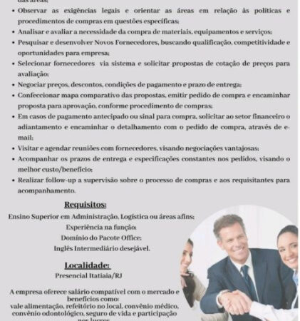 1 Vaga de emprego para Comprador Jr Temporário na empresa BioChimico em 06/09