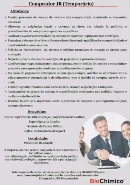 1 Vaga de emprego para Comprador Jr Temporário na empresa BioChimico em 06/09