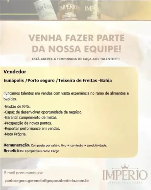 1 Vaga de emprego para Vendedor na empresa Império em 06/09