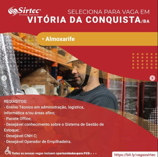1 Vaga de emprego para Almoxarife sem experiência na empresa Sirtec® em 06/09