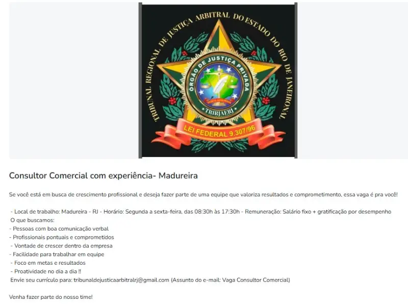 1 Vaga de emprego para Consultor Comercial na empresa Tribunal de Justiça RJ em 06/09