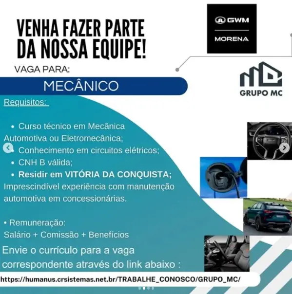 1 Vaga de emprego para Mecânico na empresa Grupo MC em 06/09