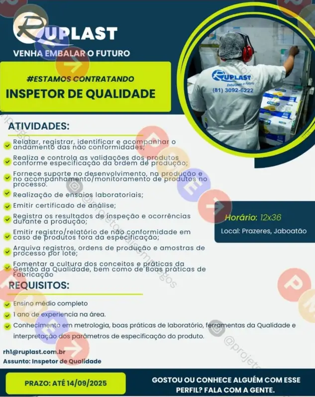1 Vaga de emprego para Inspetor De Qualidade na empresa Ruplast em 10/09
