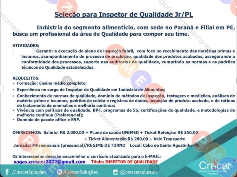 1 Vaga de emprego para Inspetor De Qualidade Júnior na empresa Crescer Soluções em 26/09
