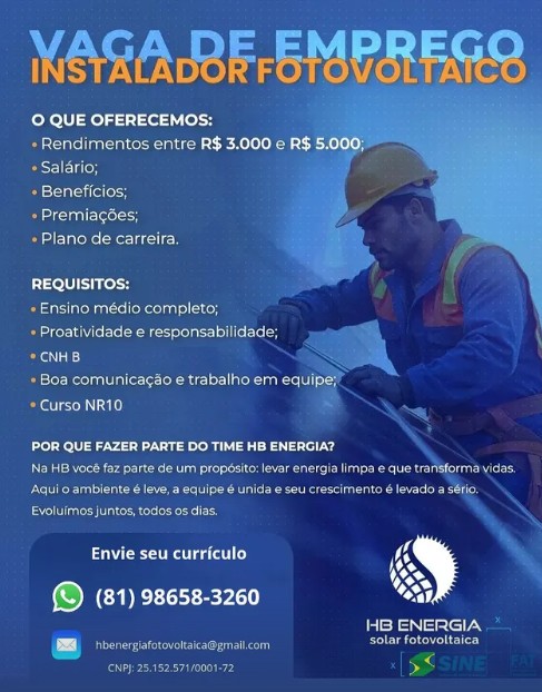 1 Vaga de emprego para Instalador Fotovoltaico sem experiência na empresa HB Energia em 22/09