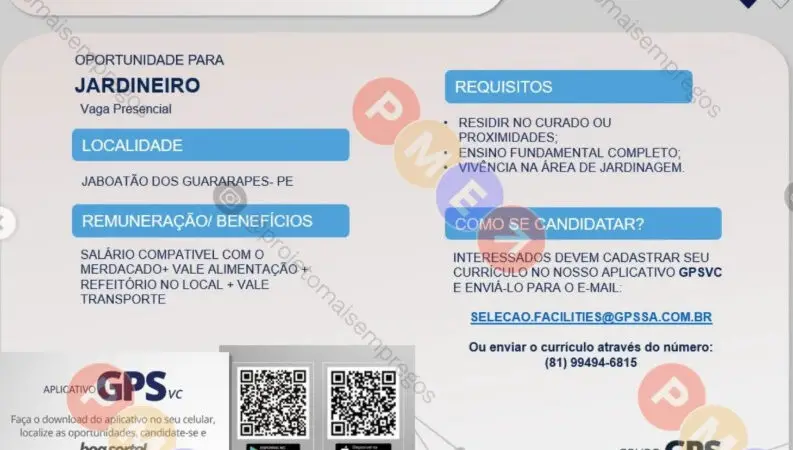1 Vaga de emprego para Jardineiro sem experiência na empresa Grupo GPS em 10/09