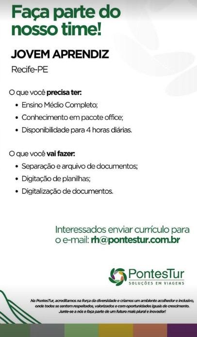 1 Vaga de emprego para Jovem Aprendiz sem experiência na empresa Pontes Tur em 19/09