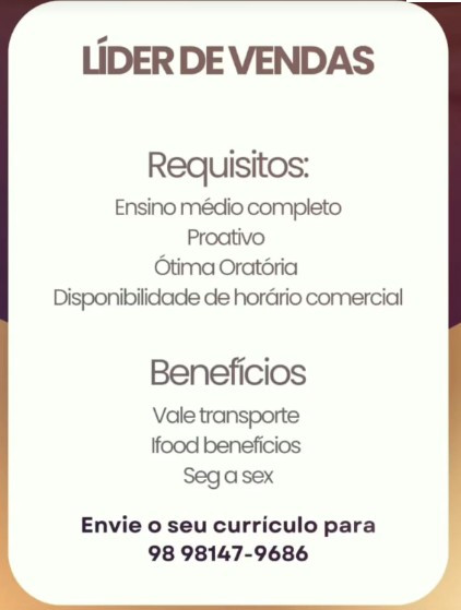 1 Vaga de emprego para Líder De Vendas sem experiência no Segmento comercial em 12/09