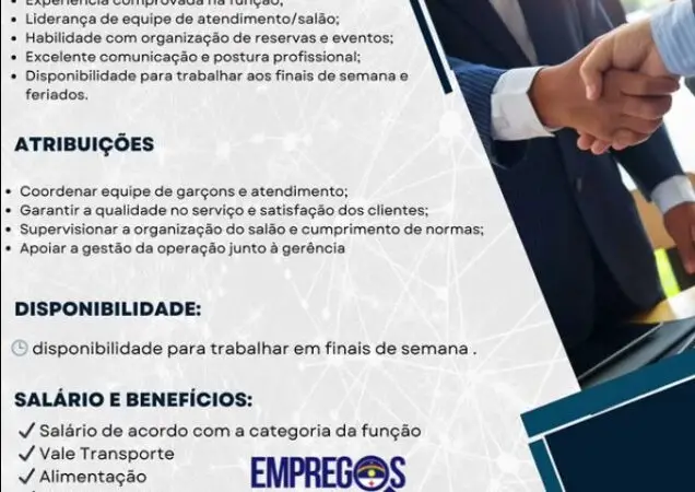 1 Vaga de emprego para Maitre na empresa Restaurante Casa dos Frios em 08/09