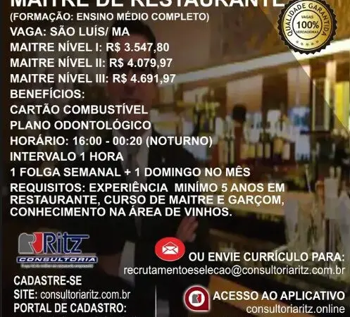 1 Vaga de emprego para Maitre De Restaurante na empresa Ritz Consultoria em 10/09