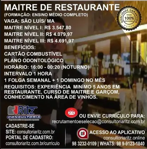 1 Vaga de emprego para Maitre De Restaurante na empresa Ritz Consultoria em 10/09