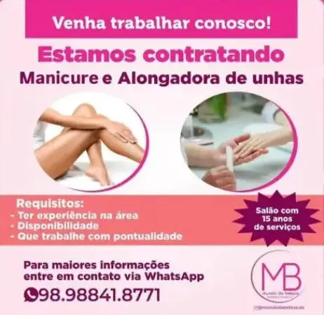 1 Vaga de emprego para Manicure Alongadora De Unhas na empresa Salão de Beleza MB em 08/09