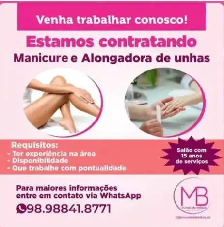 1 Vaga de emprego para Manicure Alongadora De Unhas na empresa Salão de Beleza MB em 08/09
