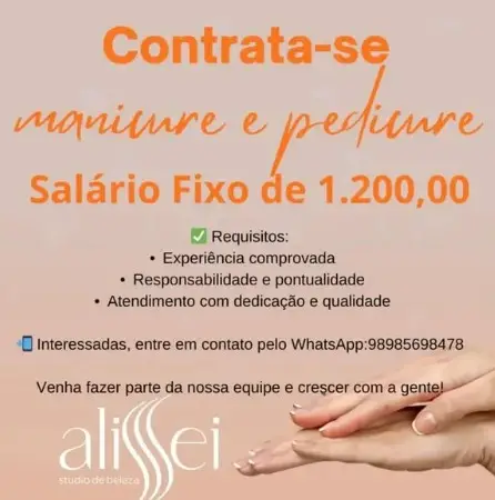 1 Vaga de emprego para Manicure Pedicure na empresa Salão de Beleza Alisei em 11/09