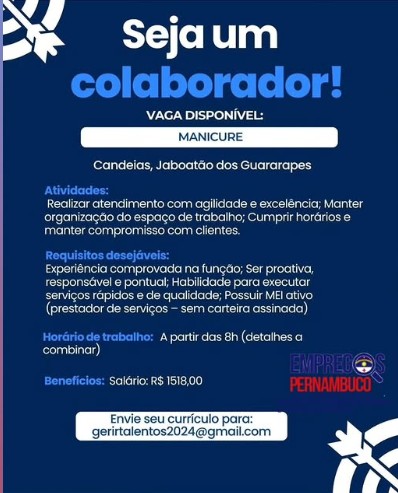 1 Vaga de emprego para Manicure no Segmento de salão de beleza em 23/09