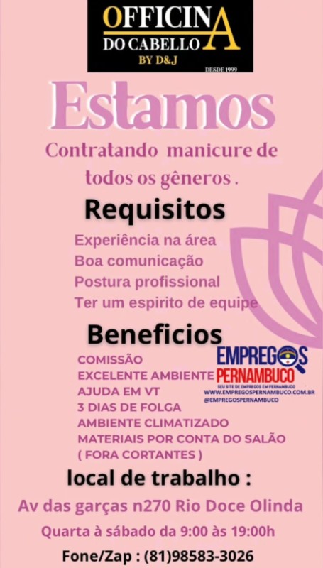 1 Vaga de emprego para Manicure na empresa Salão Officina do Cabelo em 19/09