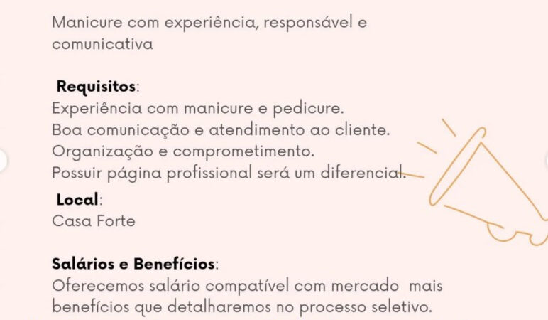 1 Vaga de emprego para Manicure no Segmento de salão de beleza em 09/09