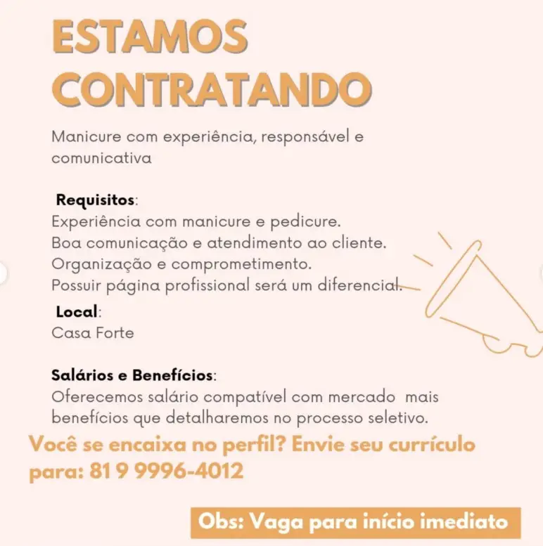 1 Vaga de emprego para Manicure no Segmento de salão de beleza em 09/09