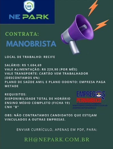 1 Vaga de emprego para Manobrista sem experiência na empresa NE Park em 25/09