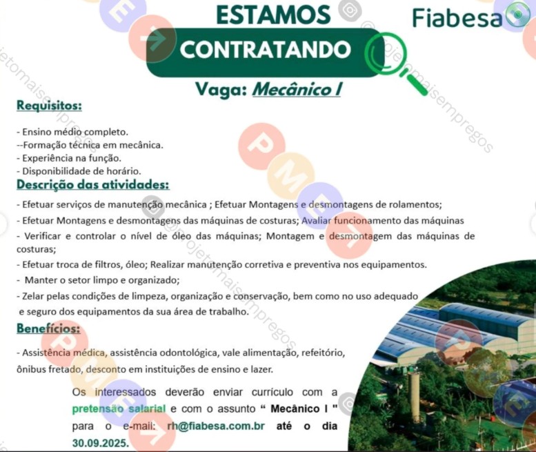 1 Vaga de emprego para Mecânico na empresa Fiabesa em 26/09