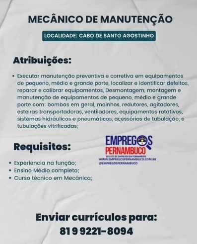 1 Vaga de emprego para Mecânico De Manutenção na Cidade de Cabo de Santo Agostinho em 18/09