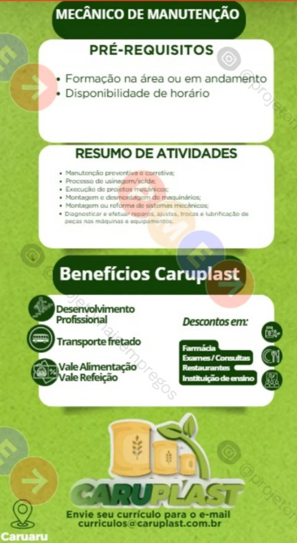 1 Vaga de emprego para Mecânico De Manutenção sem experiência na empresa Caruplast em 22/09
