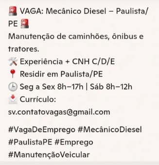 1 Vaga de emprego para Mecânico Diesel na Cidade de Paulista em 18/09
