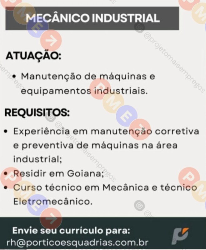 1 Vaga de emprego para Mecânico Industrial na empresa Portico Esquadrias em 22/09