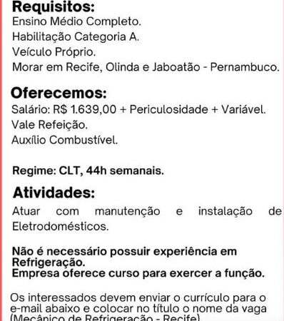 1 Vaga de emprego para Mecânico sem experiência no Segmento de refrigeração em 10/09