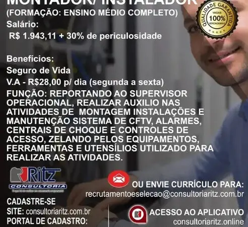 1 Vaga de emprego para Montador Instalador na empresa Ritz Consultoria em 10/09