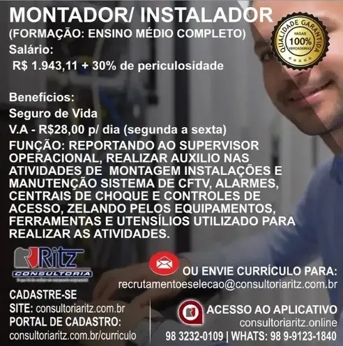 1 Vaga de emprego para Montador Instalador na empresa Ritz Consultoria em 10/09