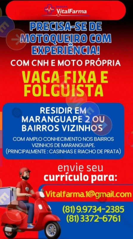1 Vaga de emprego para Motoqueiro na empresa Vital Farma em 26/09