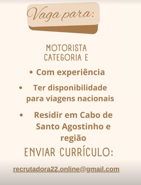 1 Vaga de emprego para Motorista Categoria E na empresa Cidade de Cabo de Santo Agostinho em 18/09