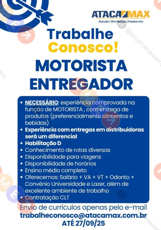 1 Vaga de emprego para Motorista Entregador na empresa Ataca Max em 24/09