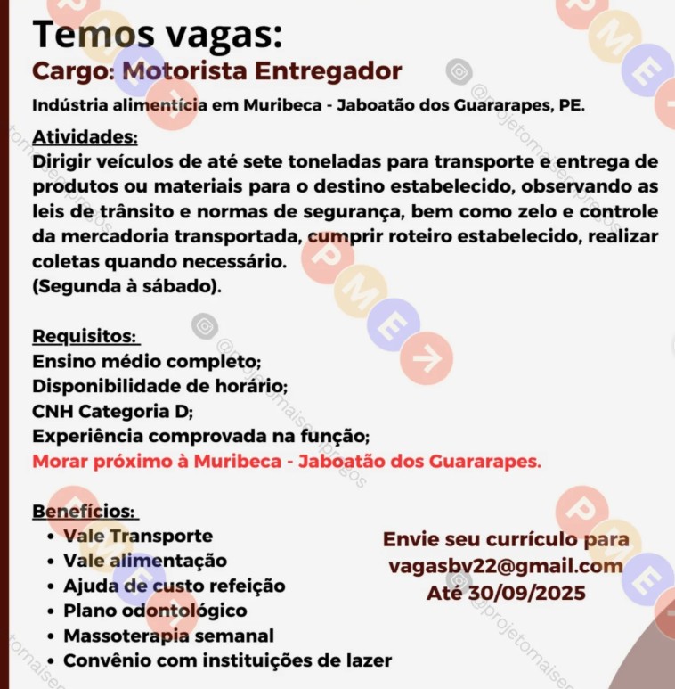 1 Vaga de emprego para Motorista Entregador no Segmento alimentício em 25/09
