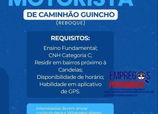 1 Vaga de emprego para Motorista sem experiência no Segmento de guincho em 08/09