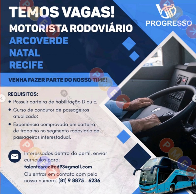 1 Vaga de emprego para Motorista Rodoviário na empresa Progresso em 23/09