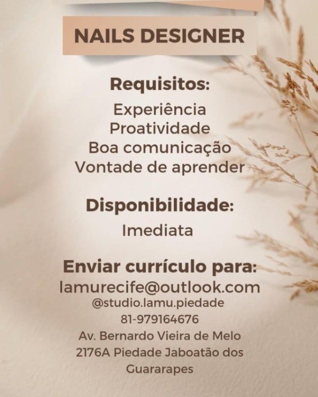 1 Vaga de emprego para Nail Designer na empresa Salão de Beleza Studio Lamu em 23/09