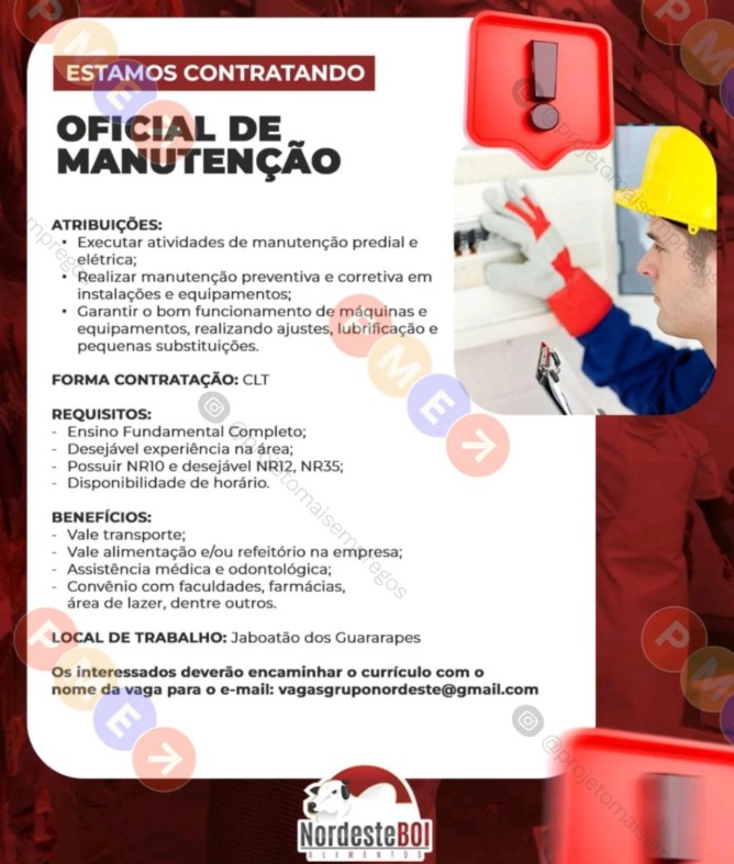 1 Vaga de emprego para Oficial De Manutenção sem experiência na empresa Nordeste Boi em 23/09