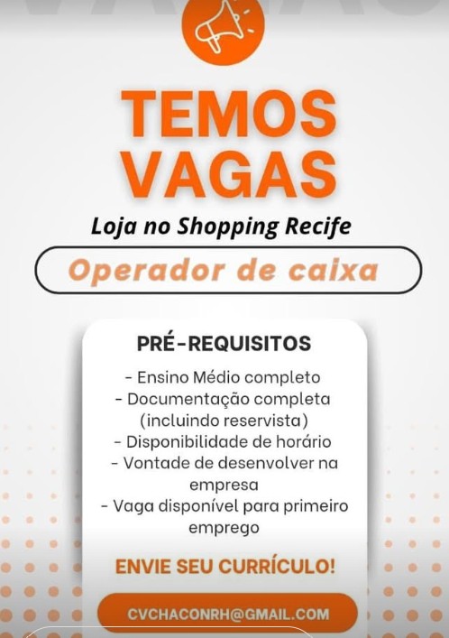 1 Vaga de emprego para Operador De Caixa sem experiência na empresa Shopping Recife em 25/09