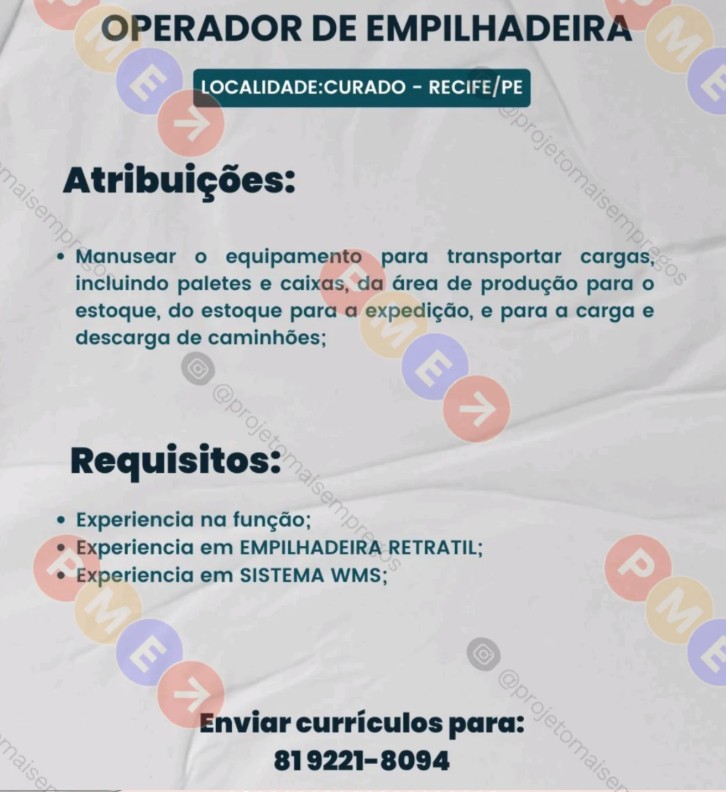1 Vaga de emprego para Operador De Empilhadeira no Bairro de Curado em 27/09