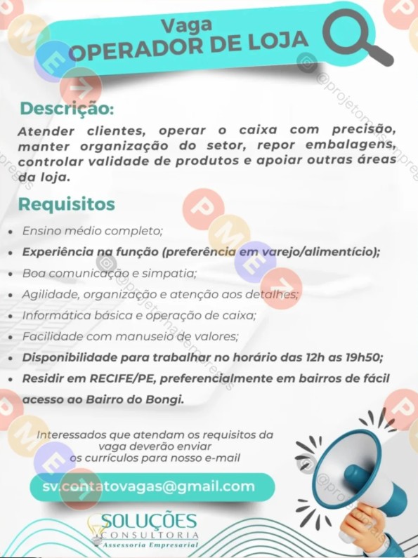 1 Vaga de emprego para Operador De Loja na empresa Soluções Consultoria em 25/09
