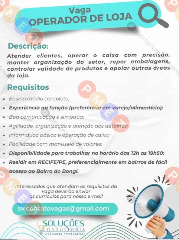 1 Vaga de emprego para Operador De Loja na empresa Soluções Consultoria em 24/09