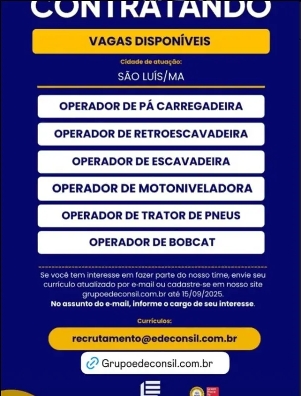 6 Vagas de emprego para Operadores De Diversos Maquinários na empresa Edeconsil em 09/09