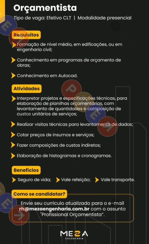 1 Vaga de emprego para Orçamentista sem experiência na empresa Meza Engenharia em 27/09