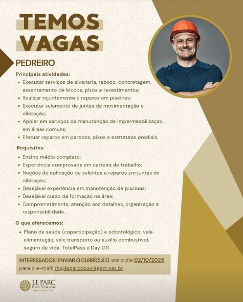 1 Vaga de emprego para Pedreiro na empresa Le Parc em 27/09